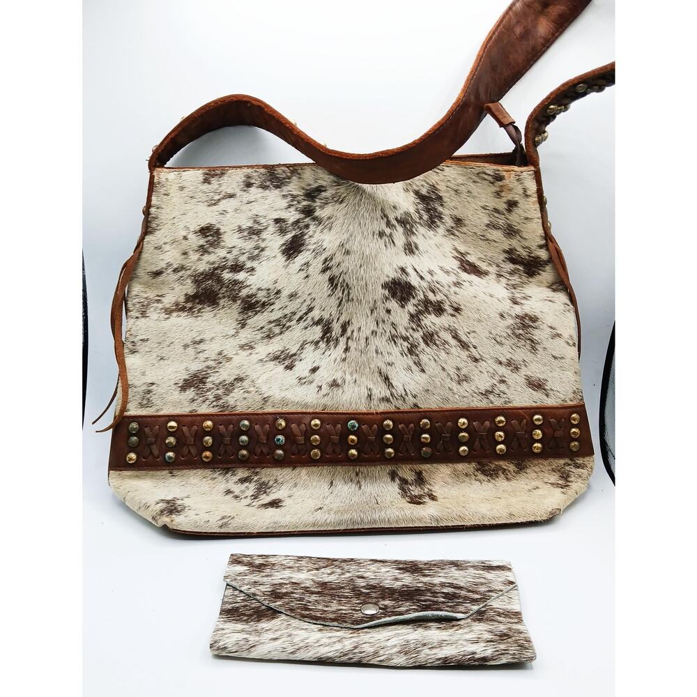 Hair on Leather Shoulder Fringed Tote Bag w/wallet
